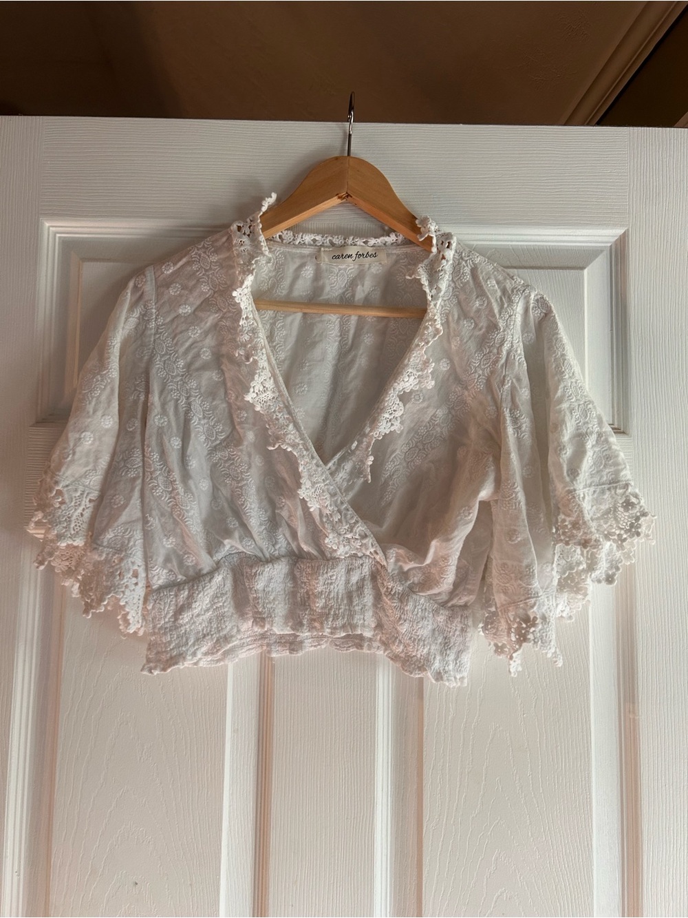 Caron Forbes White Lace Wrap Crop Blouse with Scalloped Trim